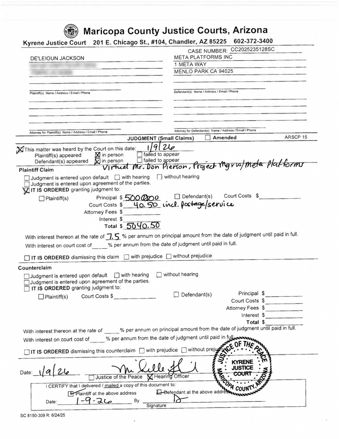 January 9, 2026 Kyrene Justice Court judgment for De’Leioun Jackson against Meta Platforms Inc., totaling $5,040.50